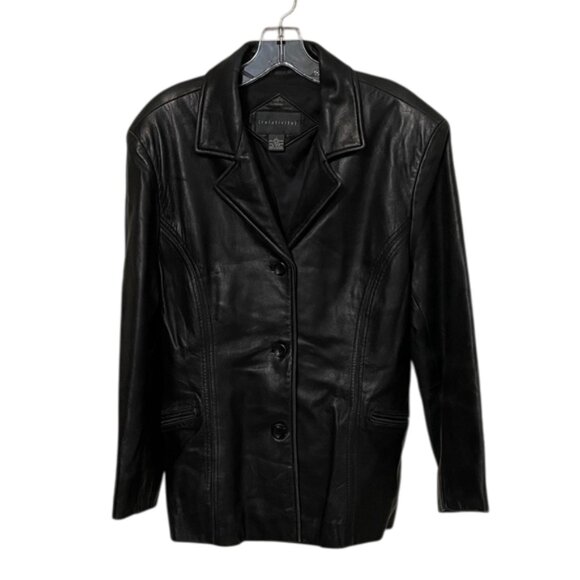 Relativity Black Leather Blazer Jacket Womens Size Large Lined Mafiacore - Picture 1 of 10